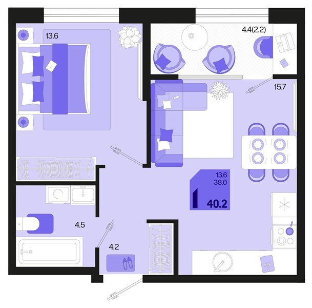 Фото №1: 1-комнатная квартира 40 м² - Краснодар, мкр. Карасунский внутригородской округ, ул. Виктора Казанцева, 1.3лит1
