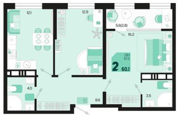 Фото №1: 2-комнатная квартира 62 м² - Краснодар, мкр. ЖК Первое Место, ул. Виктора Казанцева, 1.3лит1