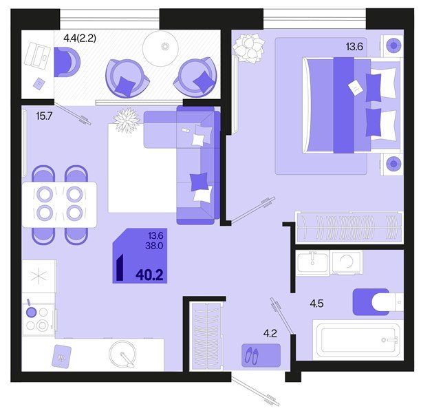 Фото №1: 1-комнатная квартира 40 м² - Краснодар, мкр. Карасунский внутригородской округ, ул. Виктора Казанцева, 1.3лит1