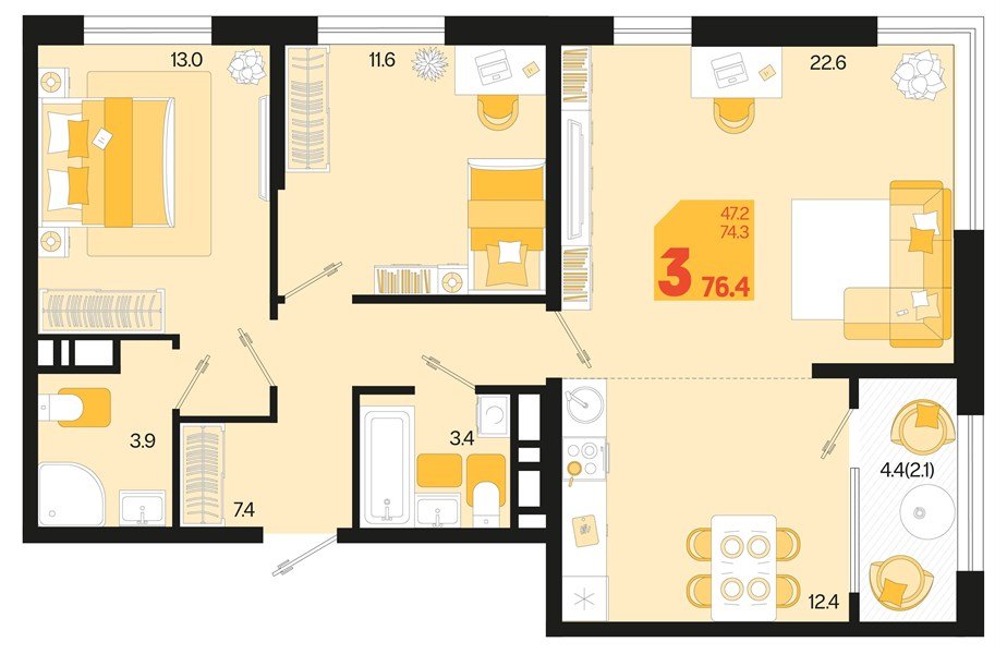 Фото №1: 3-комнатная квартира 76 м² - Краснодар, мкр. Карасунский внутригородской округ, ул. Виктора Казанцева, 1.3лит1