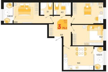Фото №1: 3-комнатная квартира 79 м² - Краснодар, мкр. ЖК Первое Место, ул. Виктора Казанцева, 1.3лит1