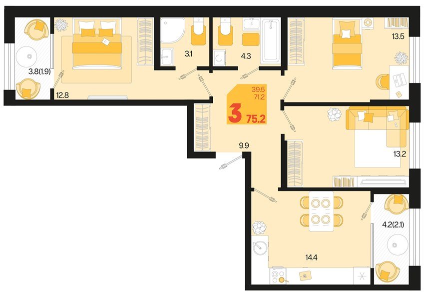 Фото №1: 3-комнатная квартира 79 м² - Краснодар, Карасунский внутригородской округ, мкр. ЖК Первое Место, ул. Виктора Казанцева, 1.3лит1