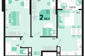 Фото №1: 2-комнатная квартира 58 м² - Краснодар, мкр. ЖК Первое Место, ул. Виктора Казанцева, 1.2лит1