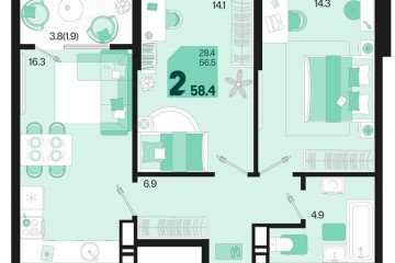 Фото №1: 2-комнатная квартира 58 м² - Краснодар, мкр. ЖК Первое Место, ул. Виктора Казанцева, 1.2лит1