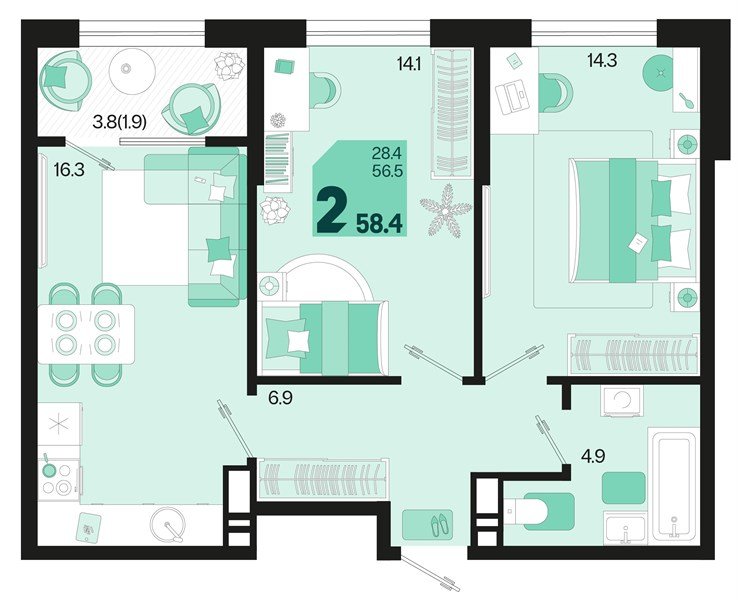 Фото №1: 2-комнатная квартира 58 м² - Краснодар, Карасунский внутригородской округ, мкр. ЖК Первое Место, ул. Виктора Казанцева, 1.2лит1