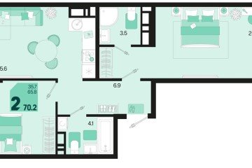 Фото №1: 2-комнатная квартира 70 м² - Краснодар, мкр. ЖК Первое Место, ул. Виктора Казанцева, 1.2лит1