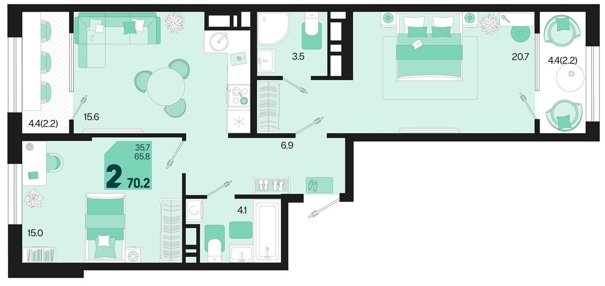 Фото №1: 2-комнатная квартира 70 м² - Краснодар, Карасунский внутригородской округ, мкр. ЖК Первое Место, ул. Виктора Казанцева, 1.2лит1