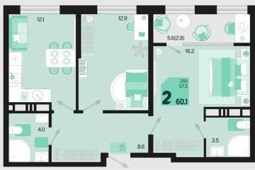 Фото №1: 2-комнатная квартира 60 м² - Краснодар, мкр. ЖК Первое Место, ул. Виктора Казанцева, 1.2лит1