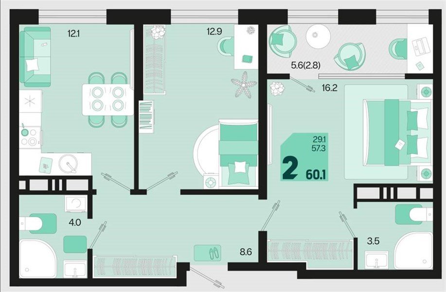 Фото №1: 2-комнатная квартира 60 м² - Краснодар, Карасунский внутригородской округ, мкр. ЖК Первое Место, ул. Виктора Казанцева, 1.2лит1