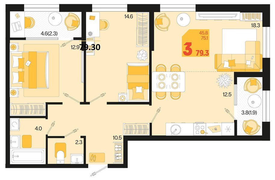 Фото №1: 2-комнатная квартира 79 м² - Краснодар, мкр. Карасунский внутригородской округ, ул. Виктора Казанцева, 1.2лит2