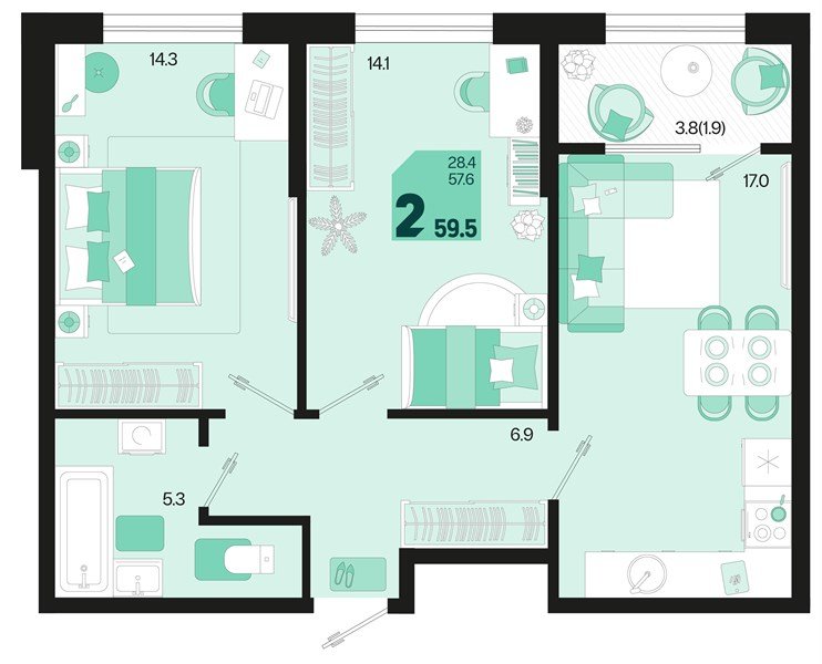 Фото №1: 2-комнатная квартира 59 м² - Краснодар, мкр. Карасунский внутригородской округ, ул. Виктора Казанцева, 1.2лит2