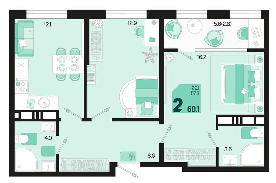 Фото №1: 2-комнатная квартира 60 м² - Краснодар, мкр. Карасунский внутригородской округ, ул. Виктора Казанцева, 1.2лит2