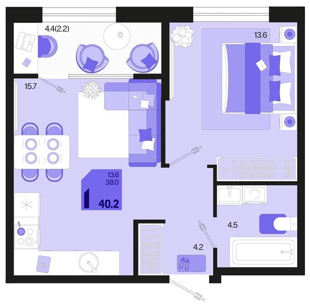 Фото №1: 1-комнатная квартира 40 м² - Краснодар, мкр. Карасунский внутригородской округ, ул. Виктора Казанцева, 1.2лит2