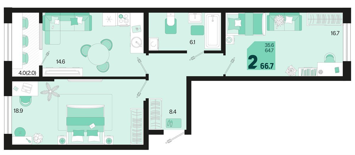 Фото №1: 2-комнатная квартира 66 м² - Краснодар, мкр. Карасунский внутригородской округ, ул. Виктора Казанцева, 1.2лит2