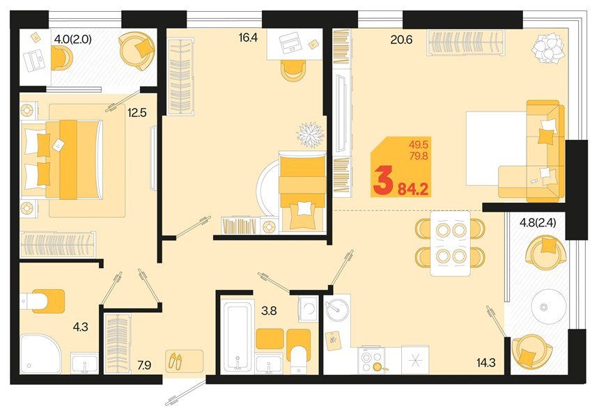 Фото №1: 2-комнатная квартира 84 м² - Краснодар, мкр. Карасунский внутригородской округ, ул. Виктора Казанцева, 1.2лит2
