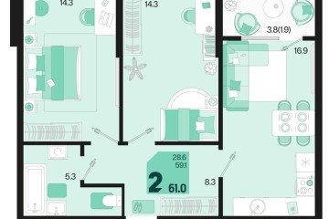 Фото №1: 2-комнатная квартира 61 м² - Краснодар, мкр. Карасунский внутригородской округ, 