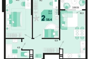 Фото №1: 2-комнатная квартира 58 м² - Краснодар, мкр. Карасунский внутригородской округ, 