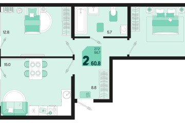 Фото №1: 2-комнатная квартира 60 м² - Краснодар, мкр. Карасунский внутригородской округ, 