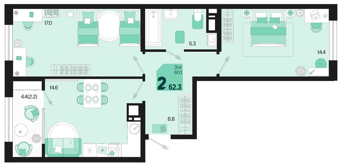 Фото №1: 2-комнатная квартира 62 м² - Краснодар, мкр. Карасунский внутригородской округ