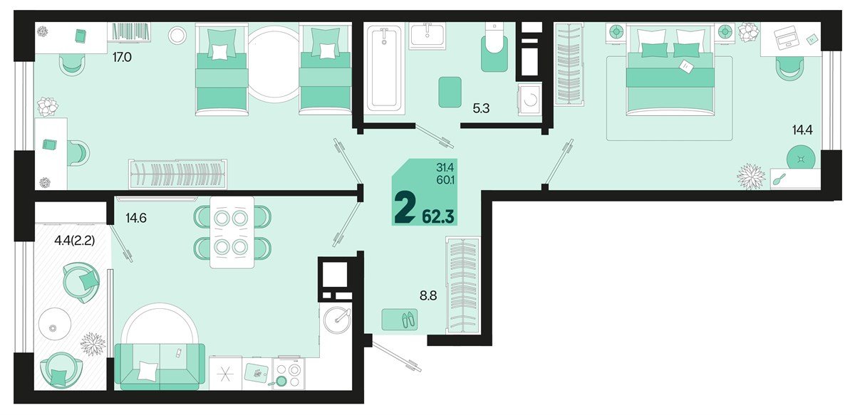 Фото №1: 2-комнатная квартира 62 м² - Краснодар, мкр. Карасунский внутригородской округ