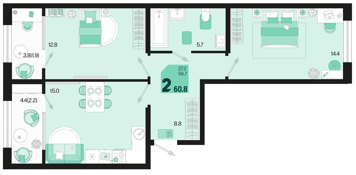 Фото №1: 2-комнатная квартира 60 м² - Краснодар, мкр. Карасунский внутригородской округ