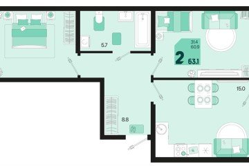 Фото №1: 2-комнатная квартира 63 м² - Краснодар, мкр. Карасунский внутригородской округ, 