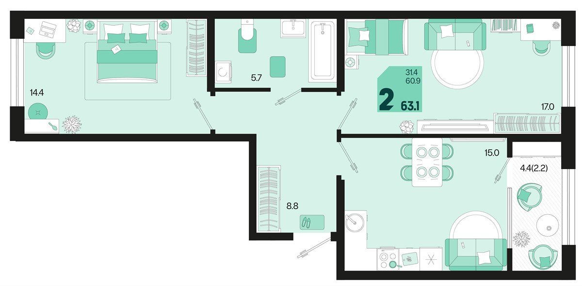 Фото №1: 2-комнатная квартира 63 м² - Краснодар, мкр. Карасунский внутригородской округ