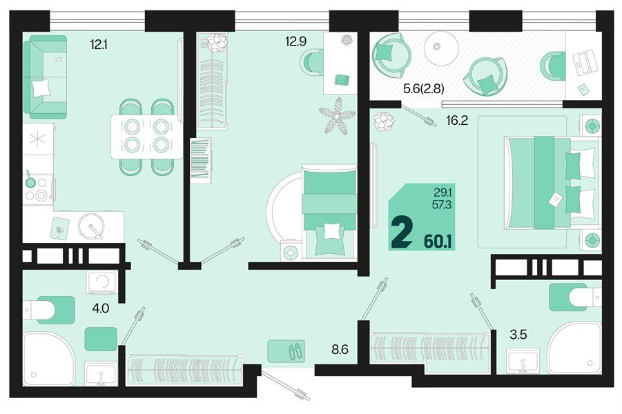 Фото №1: 2-комнатная квартира 60 м² - Краснодар, мкр. Карасунский внутригородской округ