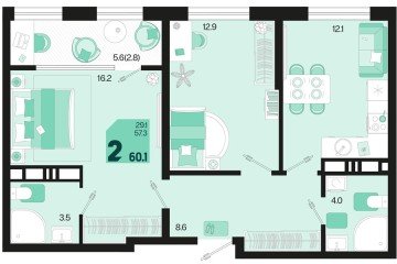 Фото №1: 2-комнатная квартира 60 м² - Краснодар, мкр. Карасунский внутригородской округ, 