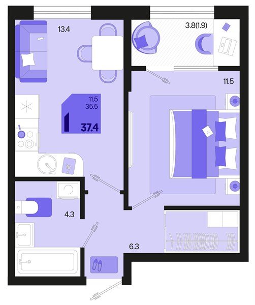 Фото №1: 1-комнатная квартира 37 м² - Краснодар, мкр. Карасунский внутригородской округ
