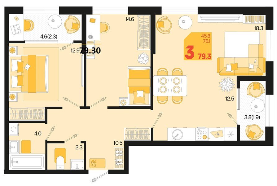 Фото №1: 2-комнатная квартира 79 м² - Краснодар, мкр. Карасунский внутригородской округ