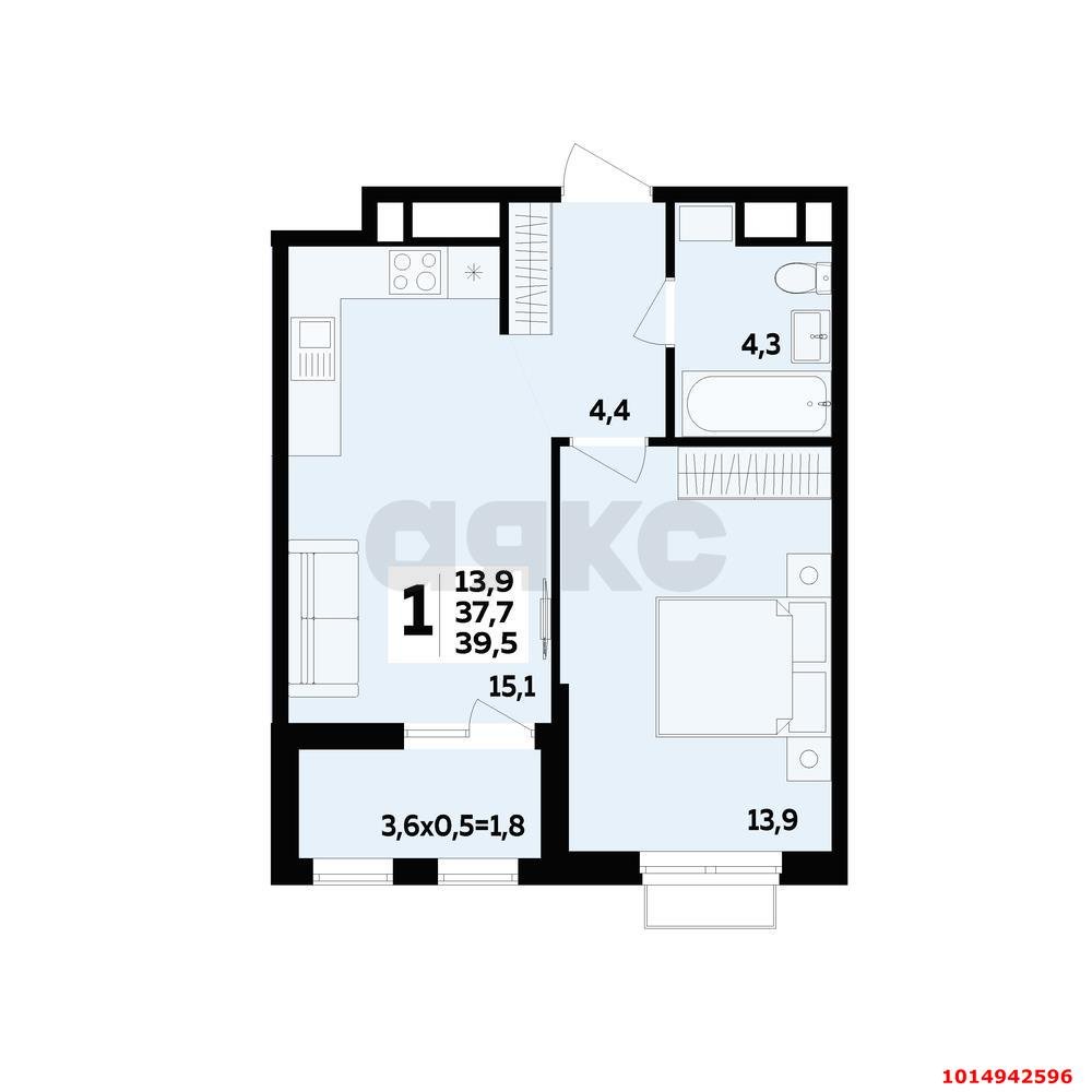 Фото №2: 1-комнатная квартира 39 м² - Новая Адыгея, мкр. ЖК Мегасити, ул. Бжедугская, 12