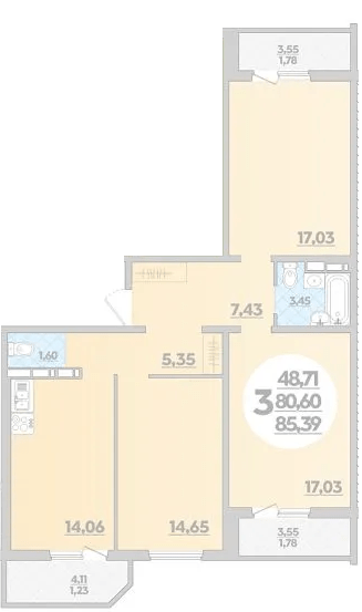 Фото №1: 3-комнатная квартира 85 м² - Краснодар, Прикубанский внутригородской округ, Восточный, мкр. жилой комплекс Квартал № 6
