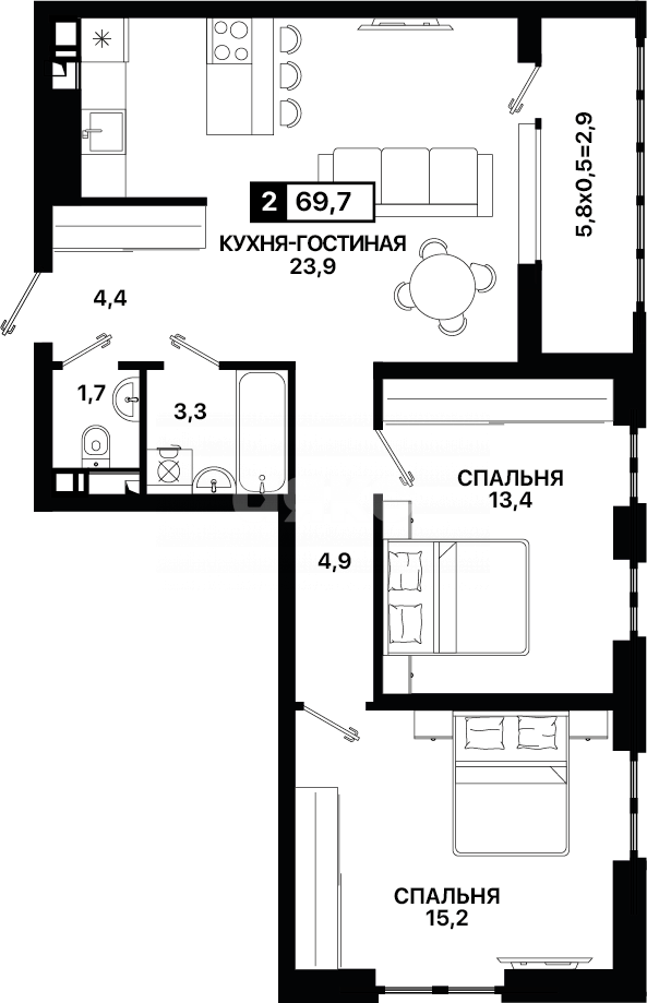 Фото №4: 2-комнатная квартира 69 м² - Мариуполь, ЖК Аура, б-р Богдана Хмельницкого, 12