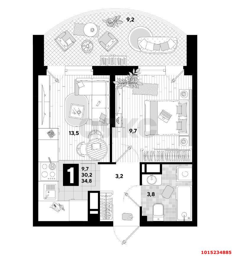 Фото №3: 1-комнатная квартира 30 м² - Краснодар, жилой комплекс Самолёт-5, ул. Ивана Беличенко, 103