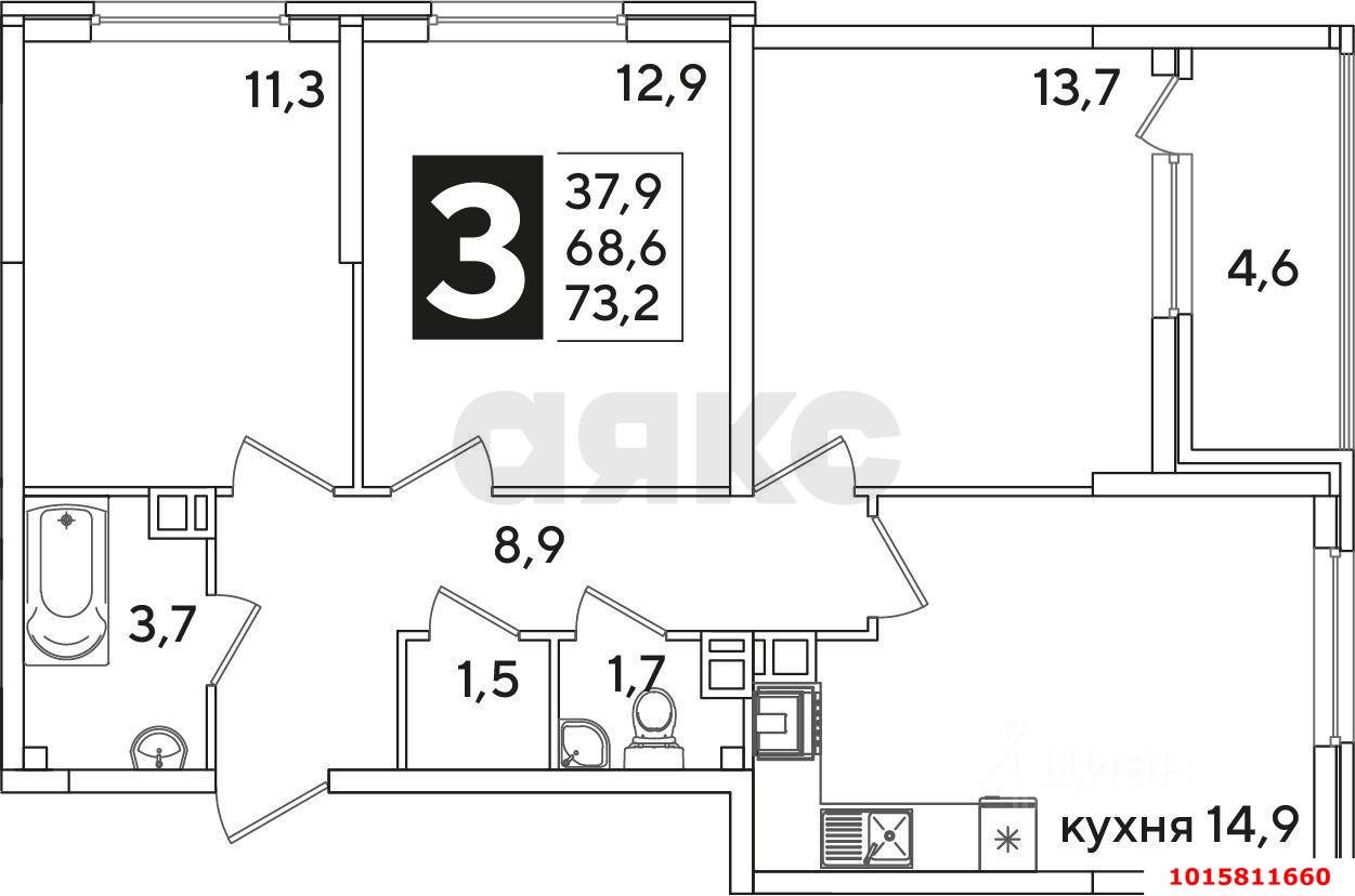 Фото №9: 3-комнатная квартира 73 м² - Краснодар, Прикубанский внутригородской округ, мкр. жилой комплекс Самолёт-6, ул. Ивана Беличенко, 88к1