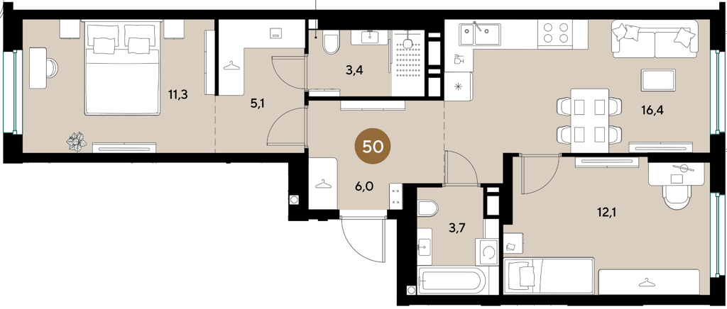 Фото №1: 2-комнатная квартира 58 м² - Краснодар, мкр. Прикубанский внутригородской округ