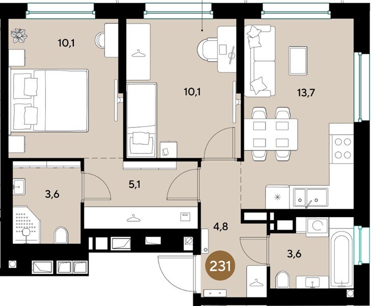 Фото №1: 2-комнатная квартира 51 м² - Краснодар, мкр. Прикубанский внутригородской округ