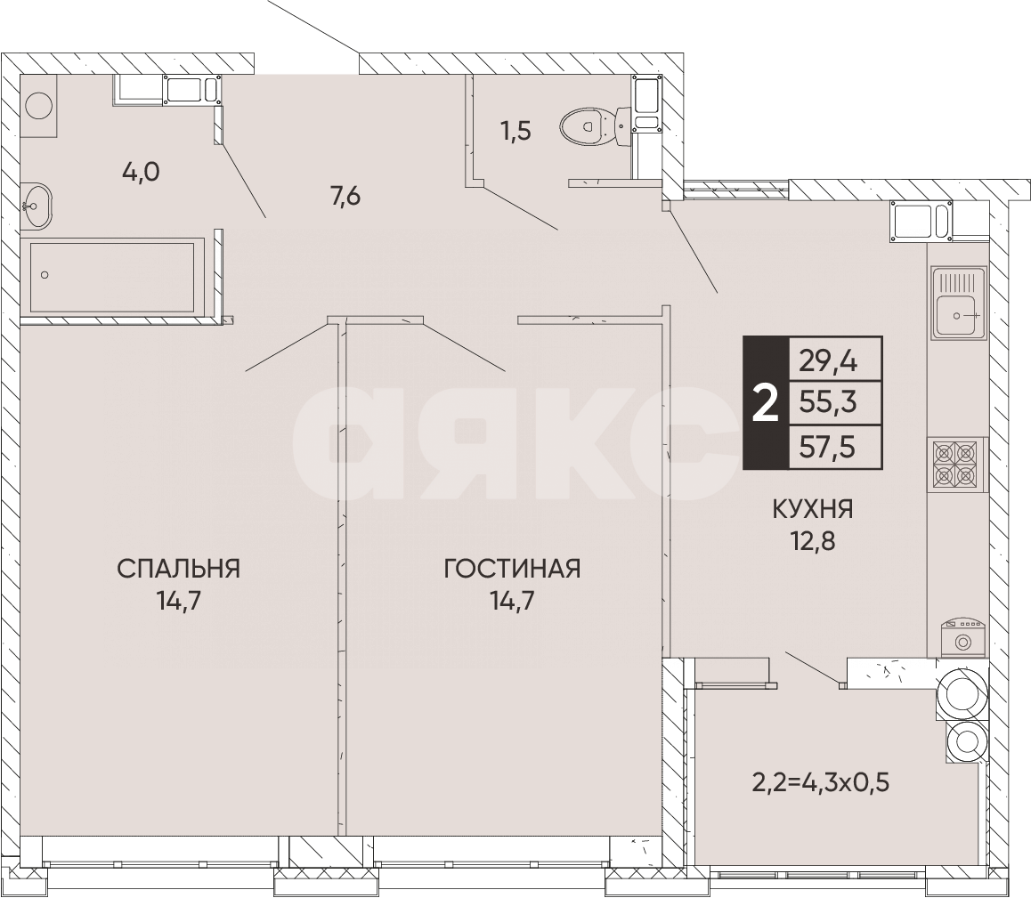 Фото №6: 2-комнатная квартира 57 м² - Ростов-на-Дону, жилой комплекс Левобережье, ул. Левобережная, 6/6с1