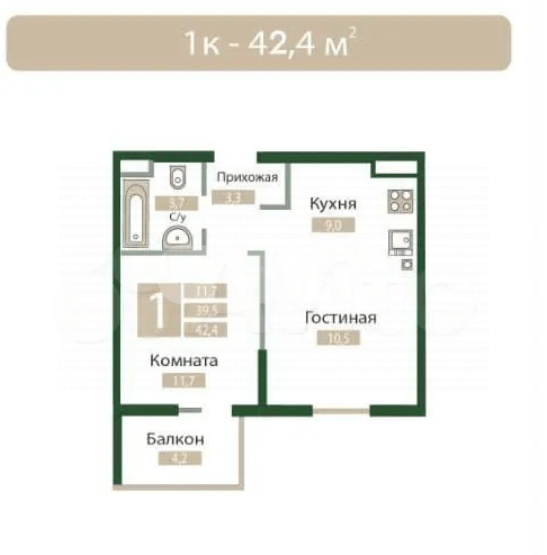 Фото №2: 1-комнатная квартира 42 м² - Молодёжное, мкр. жилой комплекс Солнечный Парк, ул. Парковая, уч4