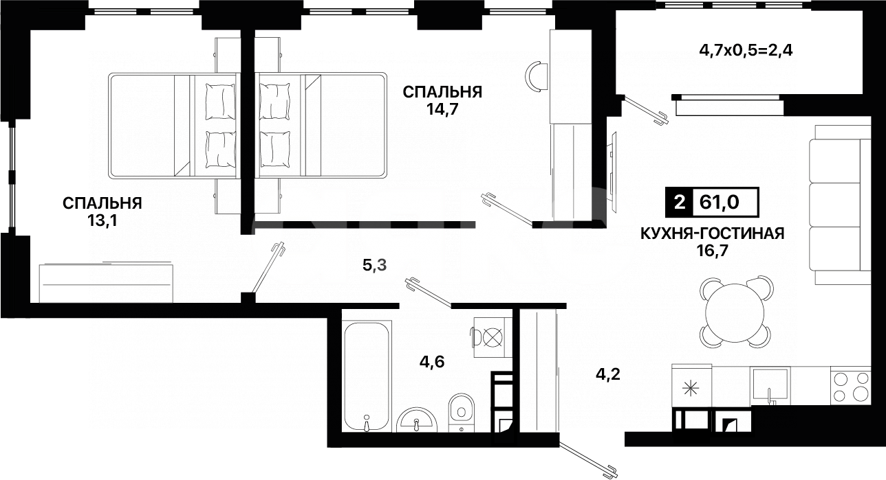 Фото №1: 2-комнатная квартира 61 м² - Мариуполь, р. Жовтневый, ул. Административная площадь