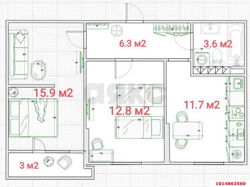 Фото №11: 2-комнатная квартира 52 м² - Краснодар, Карасунский внутригородской округ, мкр. ЖК Смородина, ул. имени Владимира Жириновского, 1к1