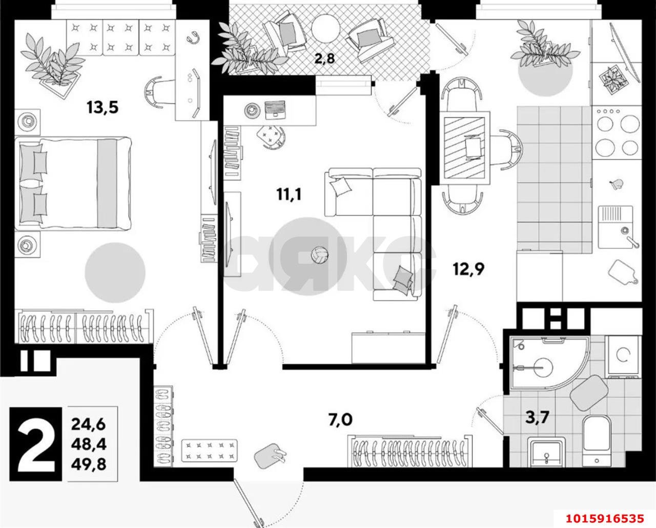 Фото №7: 2-комнатная квартира 52 м² - Краснодар, Прикубанский внутригородской округ, мкр. жилой комплекс Самолёт, ул. Западный Обход, 39/2к5