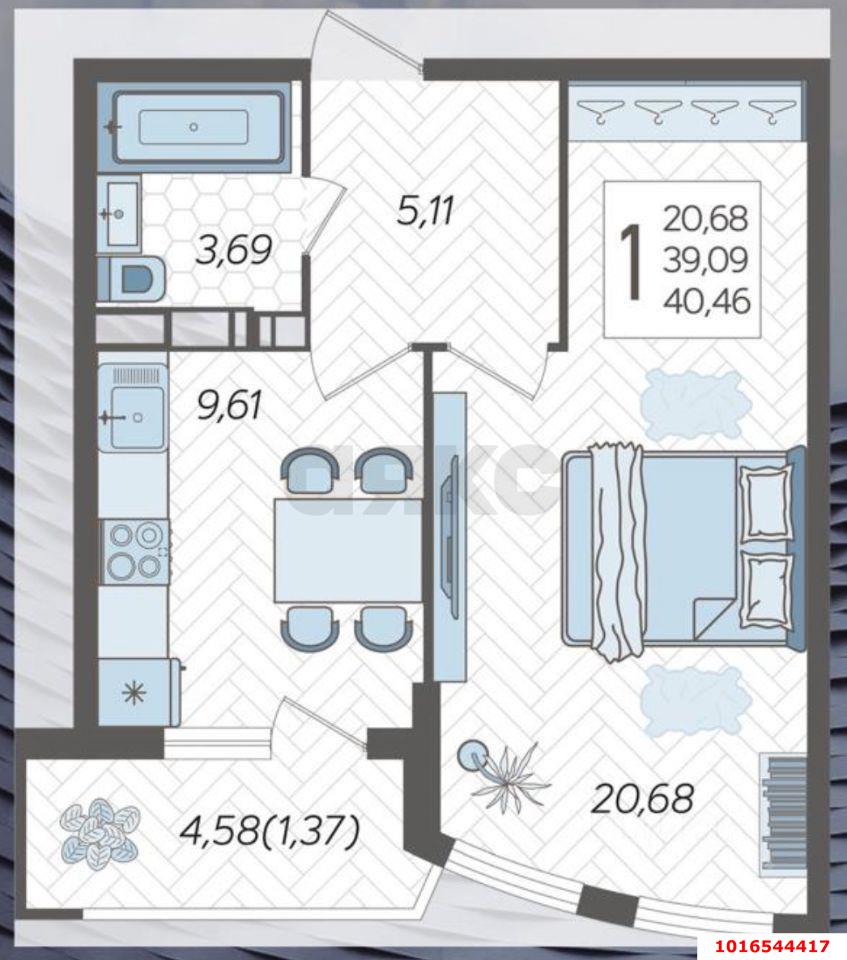 Фото №6: 1-комнатная квартира 41 м² - Краснодар, ЖК Альфа, Хлопчато-бумажный Комбинат, жилой комплекс Кино, мкр. Карасунский внутригородской округ, ул. Уральская, 100/5