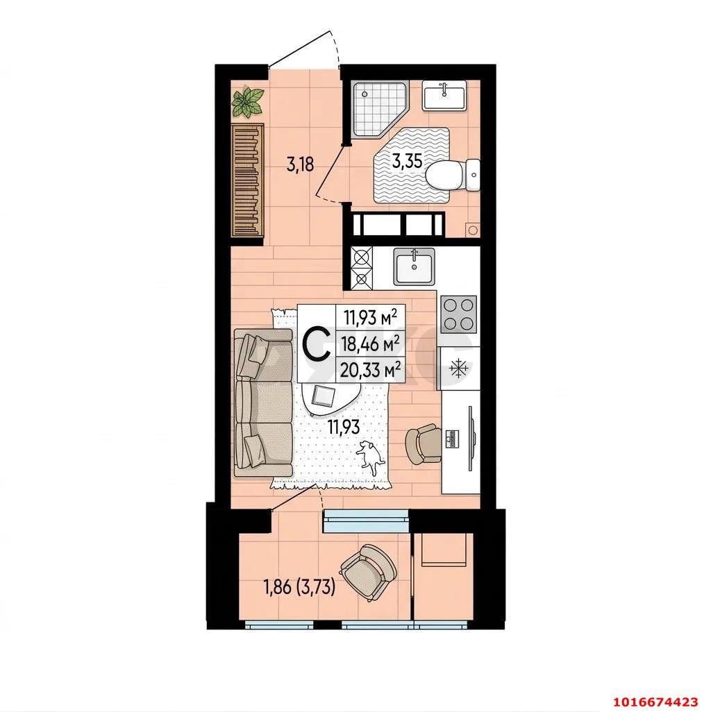 Фото №2: Студия 22 м² - Краснодар, Прикубанский внутригородской округ, мкр. жилой комплекс Народные Кварталы, ул. Народная, 54лит1