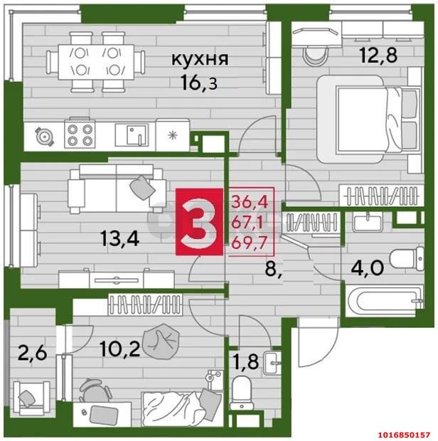 Фото №18: 3-комнатная квартира 70 м² - Краснодар, Прикубанский внутригородской округ, мкр. Догма Парк, ул. Марины Цветаевой, 1к1