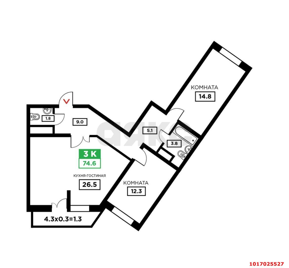 Фото №5: 3-комнатная квартира 78 м² - Краснодар, Прикубанский внутригородской округ, Краевая Клиническая Больница, мкр. жилой комплекс Свобода, ул. Домбайская, 55к6