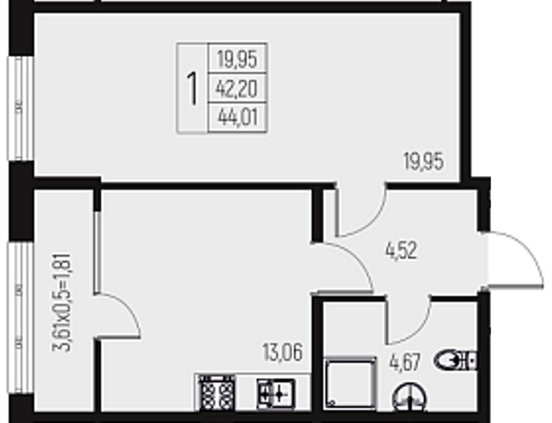 Фото №1: 1-комнатная квартира 44 м² - Брюховецкая