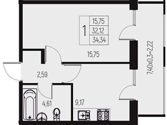 Фото №1: 1-комнатная квартира 34 м² - Брюховецкая