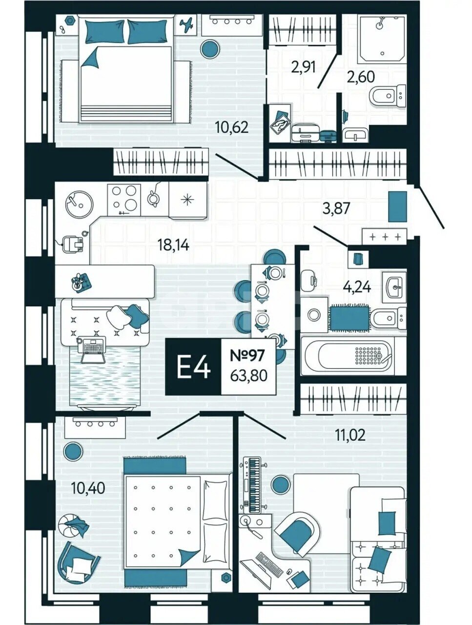 Фото №19: 3-комнатная квартира 63 м² - Тула, Привокзальный территориальный округ, Мясново, мкр. жилой комлекс Авиатор, ул. Чмутова, 158к2
